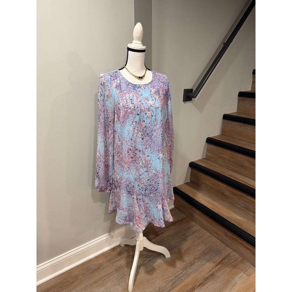 BCBGMAXAZRIA Size M Blue Floral Long Sleeve Ruffle Hem Shift Dress - Picture 13 of 16